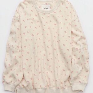 Aerie Off-White Pullover with Pink Floral Design